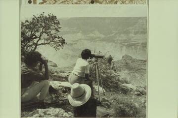 The Wrim Wrens at work near Desert View Tower. Unkar Creek upper center