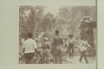 Typical trail party arriving at Phantom Ranch. In foreground: Francis Farquhar; Norm Nevills; Elma Milotte; Garth Marston