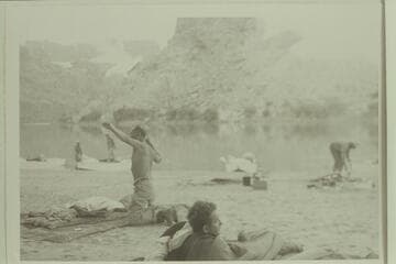 Cataract Canyon, Wright-Rigg party. Joe Dudziak showing broken ribs; Jim Rigg trying to wake up