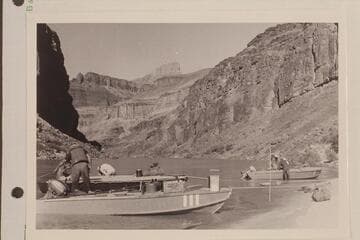 Up-river view from head of Hance Rapid- the three boats of the 1953 outboard run in foreground. The I. and II. are the 18' craft while the III. is the Twin which made the run in 1951