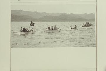 Three of the four Wright boats on Lake Mead after the Grand Canyon traverse. The boats are being towed by the "Lollipop" with Jim Rigg as pilot