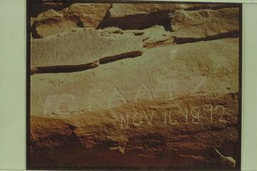 Name of F. G. Faatz cut on wall of Glen Canyon, 6 miles above Lees Ferry. Photo sent by Art Green 1956, Oct. 09