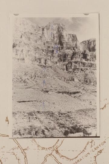 1931 Ervin escape route in Redwall above spring, Mile 233-234. Photo marked by Ervin to show his route. The X marks the barrel cactus which supplied moisture
