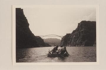 Down Narrow Canyon from about Mile 171 showing the new Highway Bridge. 1966, Sep., cruise from Potash to the Dirty Devil