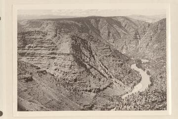 The Green River in Red Canyon looking up the river from upper lookout near Green River Lakes. Eagle Creek at left. There is a trail in Eagle Creek which leads to Red Canyon Lodge