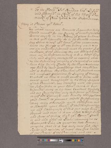 Heathcote, Caleb & others. To John Nanfan : [Statement of the Elected members for Queens and Westchester Counties to serve in the General Assembly of New York]