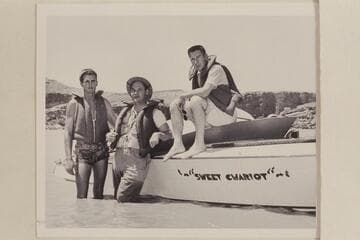 The crew of the "Sweet Chariot" before the start of the Marble and Grand Canyon motor traverse in 1951, June. Gary Cooper; Johnny Maxson; Clint Seymour. Paria Riffle