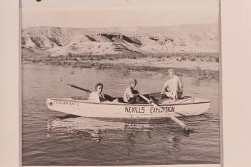 Crew of the "Mexican Hat II" at Pierces Ferry after end of Grand Canyon traverse of 1947. Left to right: Marie Saalfrank, Kent Frost and Joe Desloge