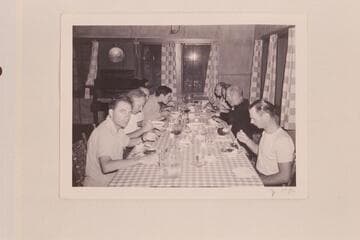 Dinner at Phantom Ranch. At left: Aleson, McConkie, Walker, Garth Marston and Bruce Wilson. Right: Neill Wilson, Aleson, Dock Marston and Nevills