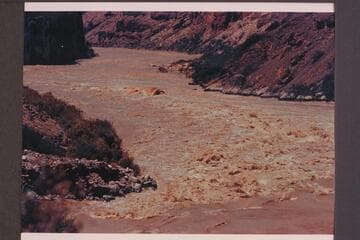 Capsized "Boo Too" at lower end of Vulcan. Preliminary Bright Angel gauge: June 19: 107,000. June 20: 100,000