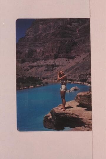 Katie Lee posed at the lagoon at the mouth of the Little Colorado. The Lees Ferry gauge registered its peak on this day: 68,500 cfs. Bright Angel gauge was 67,300 cfs., the peak for the month