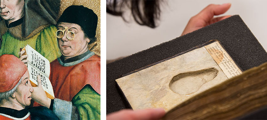 Left: The rivet spectacles in this image would fold into a pear shape. Detail of The Presentation in the Temple by Friedrich Herlin (1425/30–1500), left inner panel of the high altar of the St. Georg church in Nördlingen, Germany, currently housed at the Stadtmuseum Nördlingen. Photograph: Institute for Material Culture–University of Salzburg. Right: Close-up of the pear-shaped recess inside the front cover of HM 1048. Photograph by Kate Lain. Left: The rivet spectacles in this image would fold into a pear shape. Detail of The Presentation in the Temple by Friedrich Herlin (1425/30–1500), left inner panel of the high altar of the St. Georg church in Nördlingen, Germany, currently housed at the Stadtmuseum Nördlingen. Photograph: Institute for Material Culture–University of Salzburg. Right: Close-up of the pear-shaped recess inside the front cover of HM 1048. Photograph by Kate Lain.