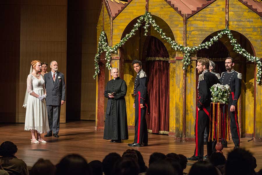 Actors from Shakespeare’s Globe in London performed a touring production of Much Ado About Nothing in The Huntington’s Rothenberg Hall on Nov. 9 and 10, 2015. Photograph by Jamie Pham. Actors from Shakespeare’s Globe in London performed a touring production of Much Ado About Nothing in The Huntington’s Rothenberg Hall on Nov. 9 and 10, 2015. Photograph by Jamie Pham.